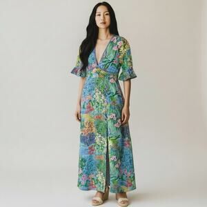 Hope & Ivy Tropical Floral Maxi Dress in Blue and Green